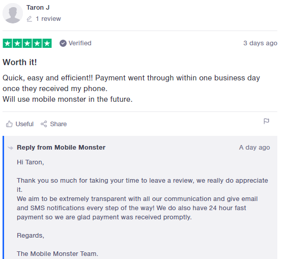 Trustpilot customer review example