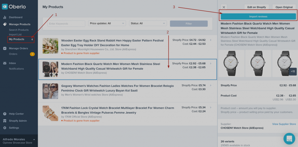 Oberlo Dashboard - Import Reviews