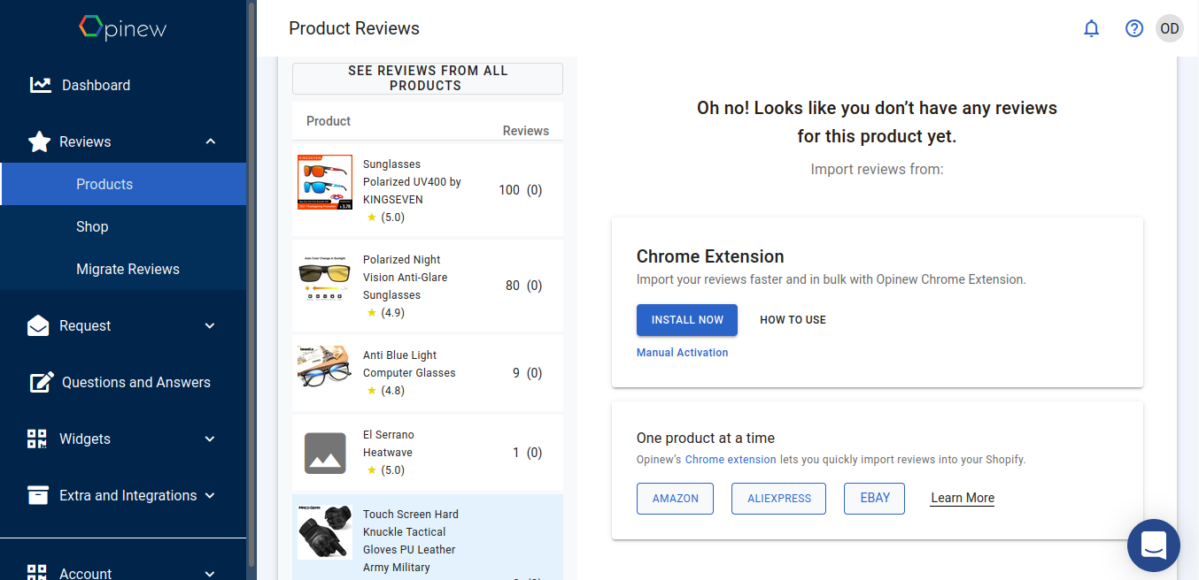 Opinew Dashboard Preview - Add Product reviews to your Shopify store