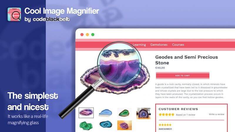 Showcase your products pictures with this powerful zoom, which looks like a real-life magnifying glass and comes with a lightbox effect