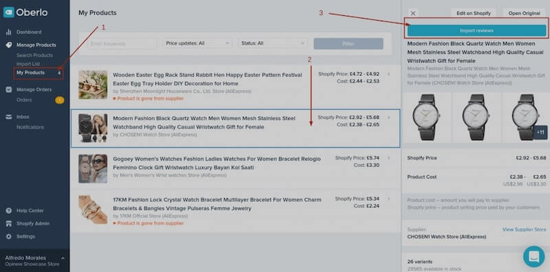 Oberlo Dashboard - Import Reviews