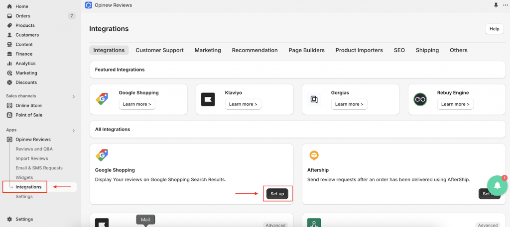 Google Shopping Integration set up on Opinew dashboard