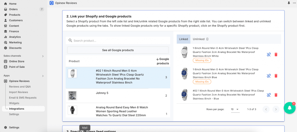 Google Shopping products list on the right and Shopify products on the left