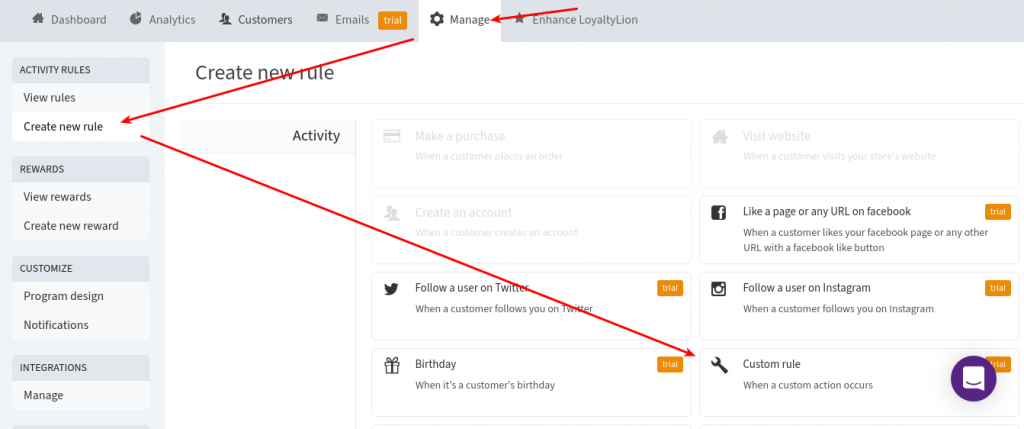 LoyaltyLion Dashboard - Create a new rule