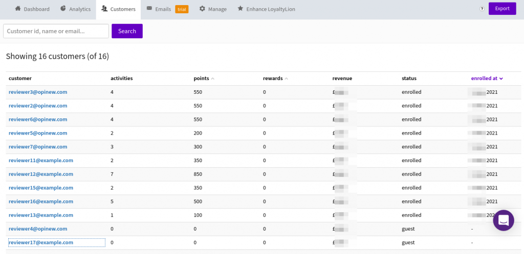 LoyaltyLion Dashboard - Customers Tab