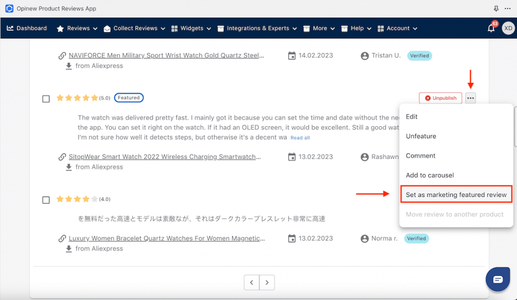 click three dots icon and set as marketing featured reviews