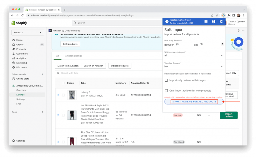 CedCommerce and Opinew Step 7 - set settings and click import