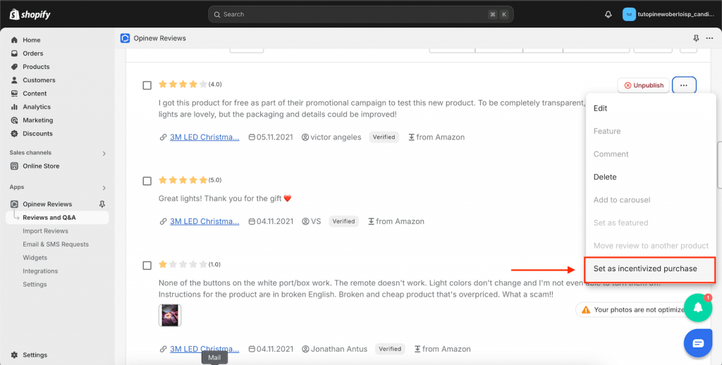 Select review and mark it as incentivized purchase